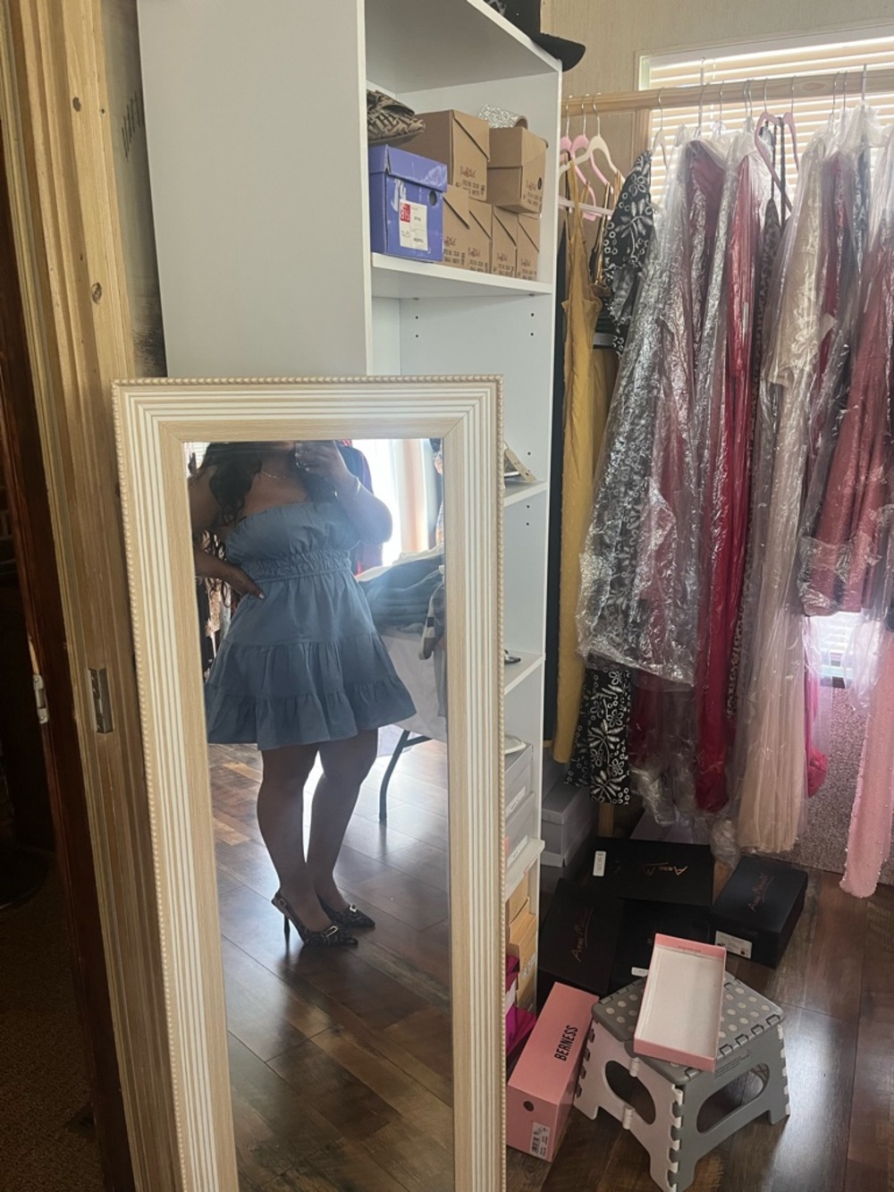 Smocked Tiered Mini Dress in Dusty Blue